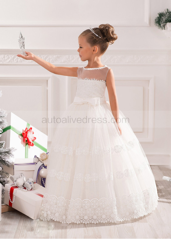 Ivory Lace Tulle Floor Length Fairytale Flower Girl Dress Ivory Lace Tulle Floor Length Fairytale Flower Girl Dress